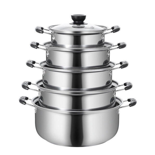 5PCS Stainless Steel Saucepan Induction Cooking Pot Cooker Cookware Kitchen