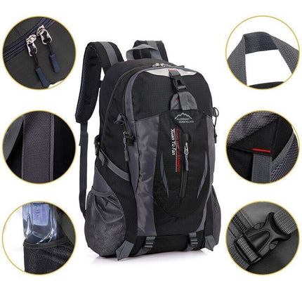 Front view of 40L black hiking backpack with multiple compartments