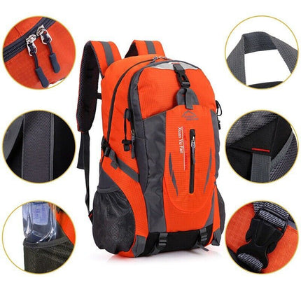 Front view of 40L orange color hiking backpack with multiple compartments