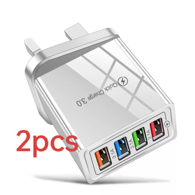 4 Multi-Port Fast Quick Charge USB Hub Mains UK Plug Adapter Wall Charger-2 Pack