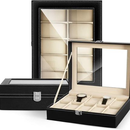 Watch Display Grid Box Lockable Case Faux Leather Jewellry Storage Organiser