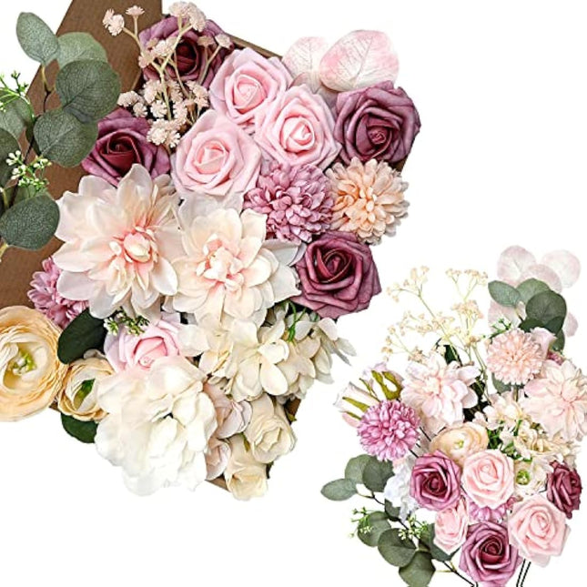 Artificial flowers combo box set with foam and silk flowers in champagne dusty pink with stems