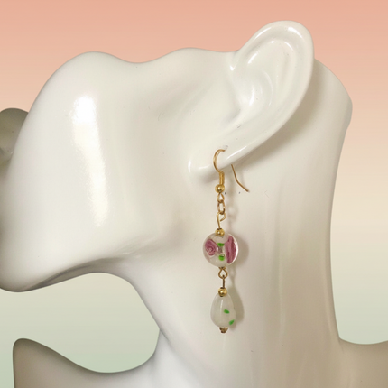 Artisan handmade glass rose dangle earrings