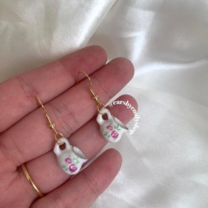 Artistic porcelain tea pot earrings with gold plating