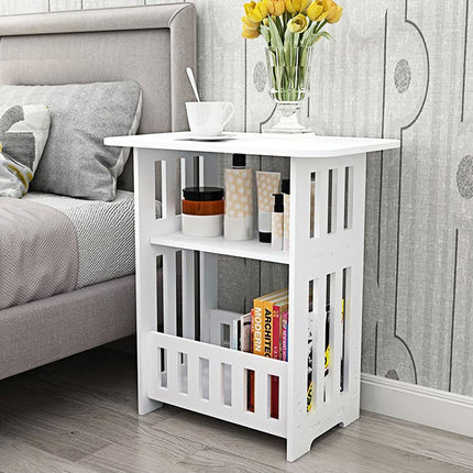 Bedside table with storage shelves in bedroom