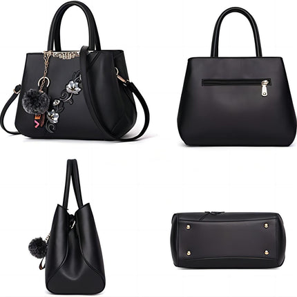 Black floral handbag front, back, side view