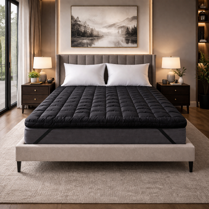 Black Mattress Topper UK – Soft Quilted Breathable Bed Topper with Elastic Straps