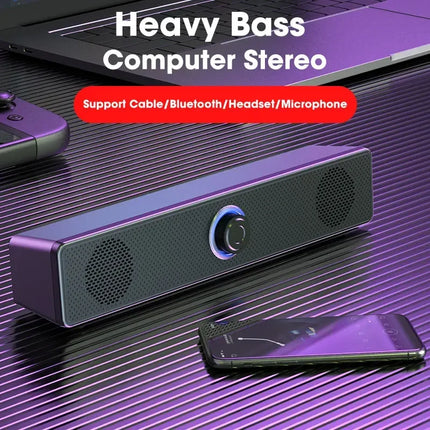 Computer soundbar under monitor desk setup