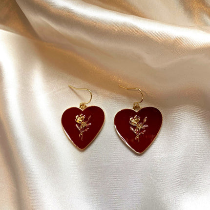 Dark red heart with gold rose dangle earrings on 18K gold plated hooks