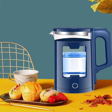 Electric glass kettle with red and blue LED indicator lights
