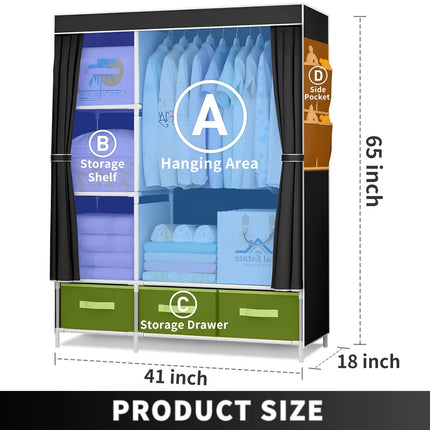 Portable Fabric Wardrobe Closet with Hanging Rail & Drawers