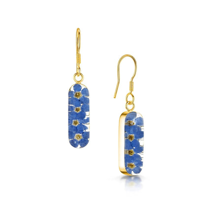 Close-up of forget-me-not vertical bar earrings