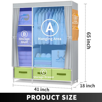 Portable Fabric Wardrobe Closet with Hanging Rail & Drawers