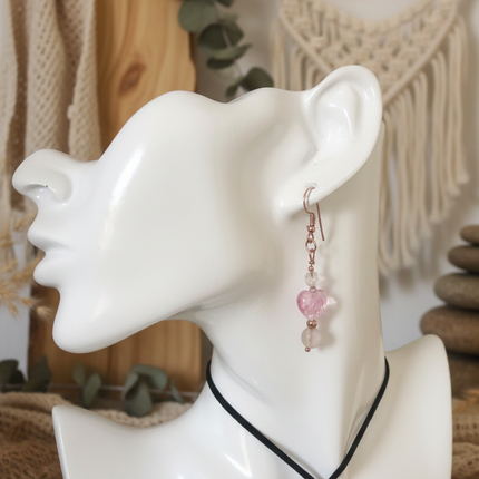 Pink glass heart dangle earrings