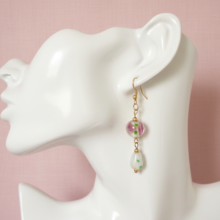 Glass roses gold plated dangle earrings handmade