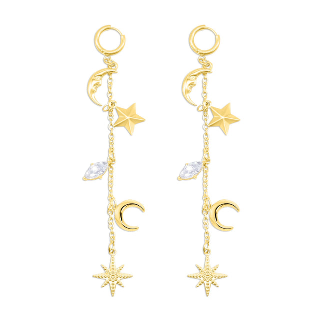 Gold Cassiopeia star and moon earrings celestial design