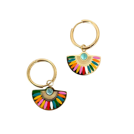 Gold hoop earrings with multicoloured fan charm
