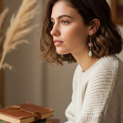 Gold plated glass rose dangle earrings