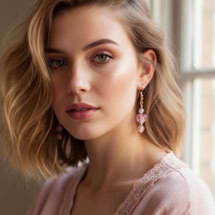 Girl wearing a handmade pink glass heart earrings