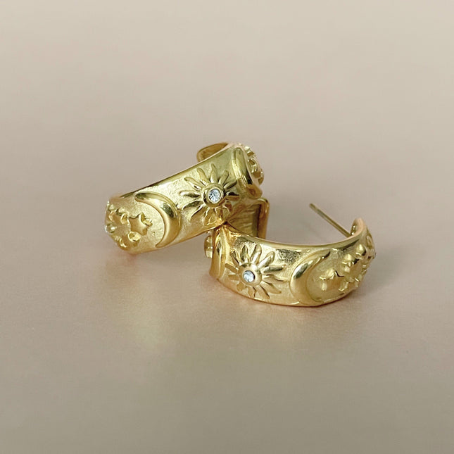 Helia 18k gold plated celestial earrings with sun, moon and stars