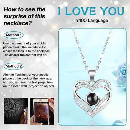 Heart necklace engraved with I love you in 100 languages