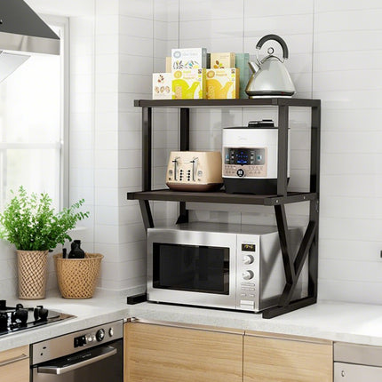Kitchen organisation with microwave storage shelf