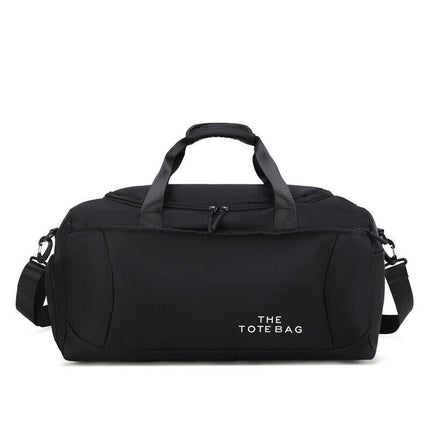 Front view of large black gym tote with top zip compartments