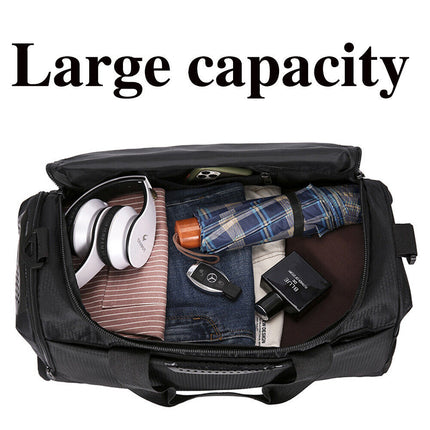 Interior of large black sport gym tote with multiple zip compartments