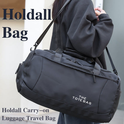 Large black gym tote bag used for travel and weekend trips