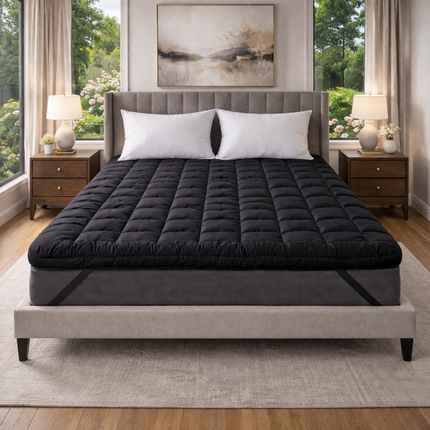 Black Mattress Topper UK – Soft Quilted Breathable Bed Topper with Elastic Straps