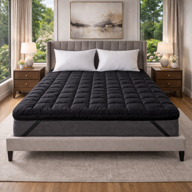Black Mattress Topper UK – Soft Quilted Breathable Bed Topper with Elastic Straps