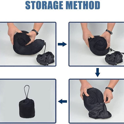 Memory foam travel pillow with earplugs, eye mask, and storage bag