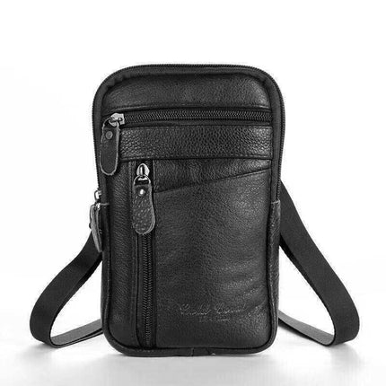 Men’s black leather phone pouch belt bag for everyday wear