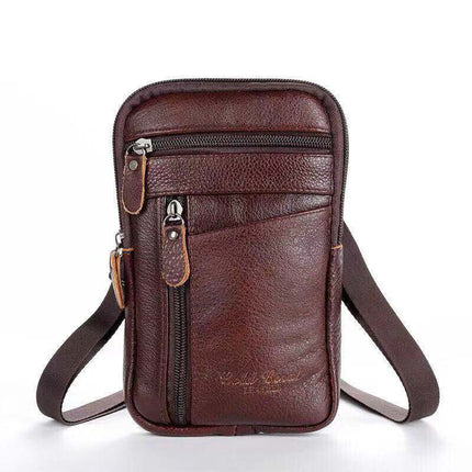 Men’s coffee color leather phone pouch belt bag for everyday wear