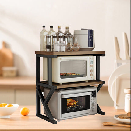 Microwave oven rack on kitchen countertop