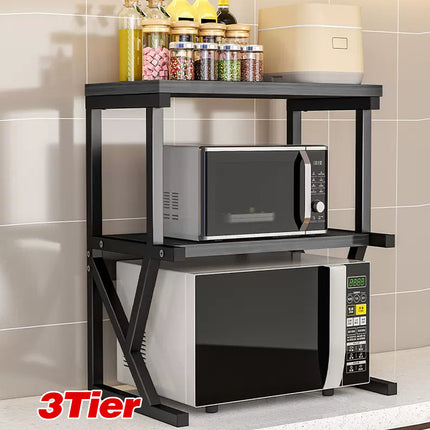 Microwave rack holding kitchen appliances