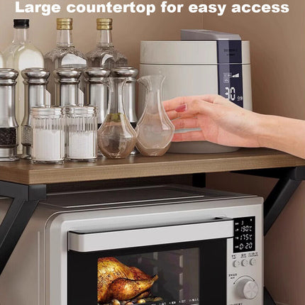 Microwave rack holding kitchen appliances