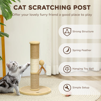 Cat scratching post with feather toy and hanging ball