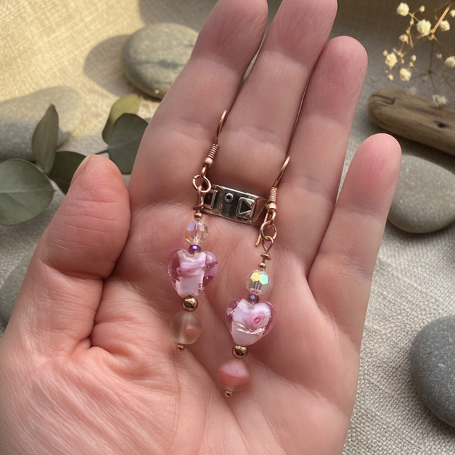 Pink glass heart rose gold earrings