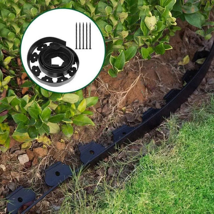plastic garden edging installed with 30 plastic stakes in lawn