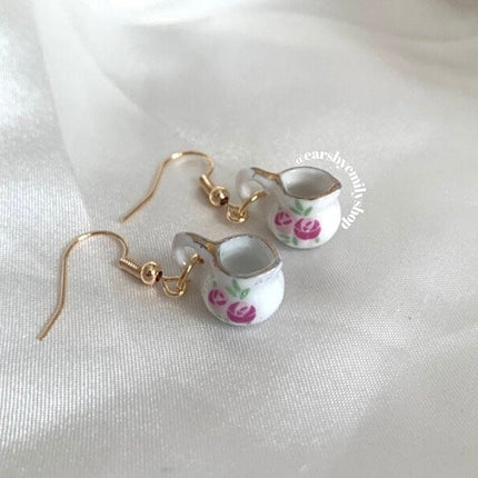 Porcelain pink and white tea pot dangle earrings