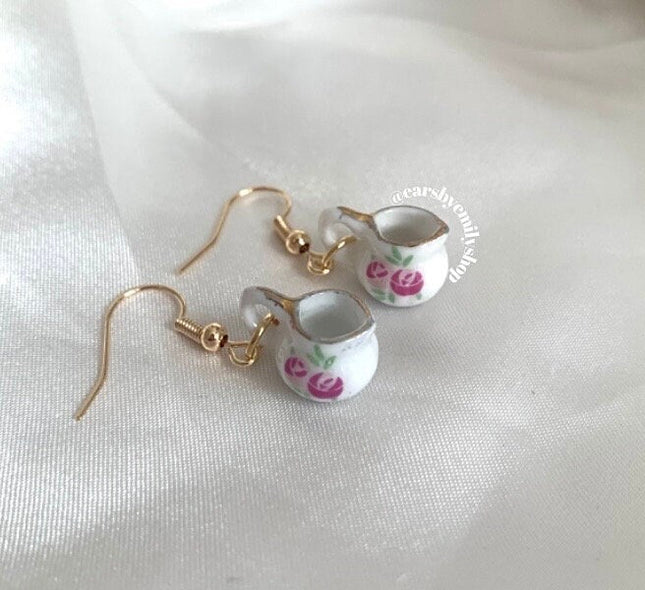 Porcelain pink and white tea pot dangle earrings