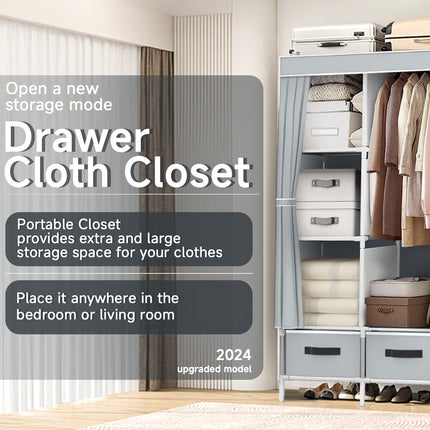 Portable Fabric Wardrobe Closet with Hanging Rail & Drawers