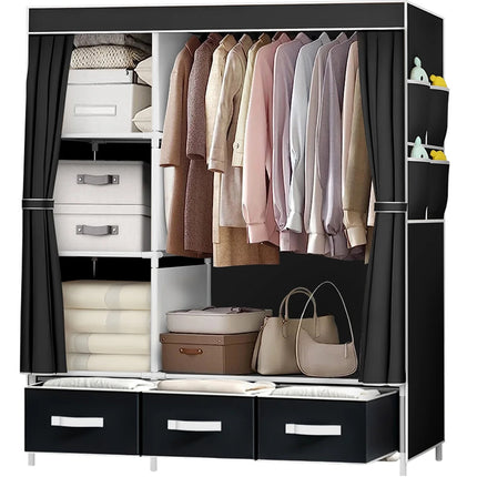 Portable Fabric Wardrobe Closet with Hanging Rail & Drawers