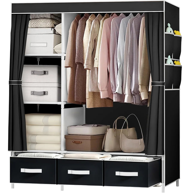 Portable Fabric Wardrobe Closet with Hanging Rail & Drawers