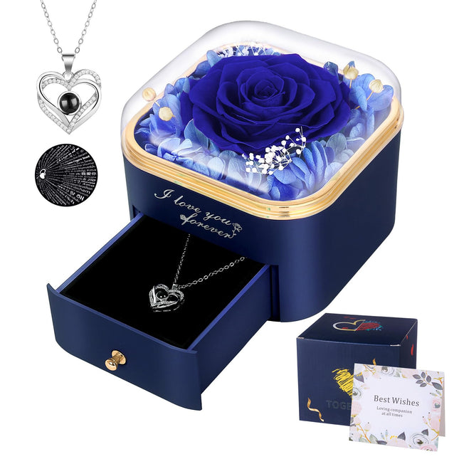 Preserved blue rose with I love you necklace gift box