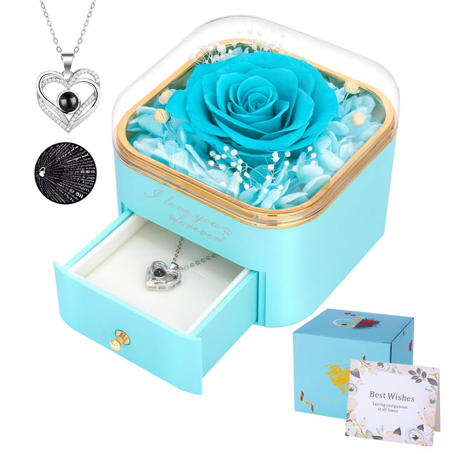 Preserved light blue rose with I love you necklace gift box
