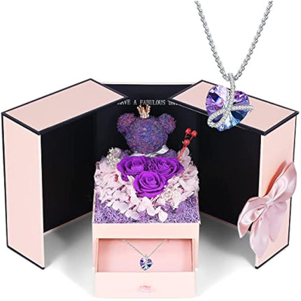 Preserved purple rose moss bear gift box