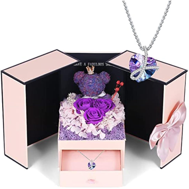 Preserved purple rose moss bear gift box