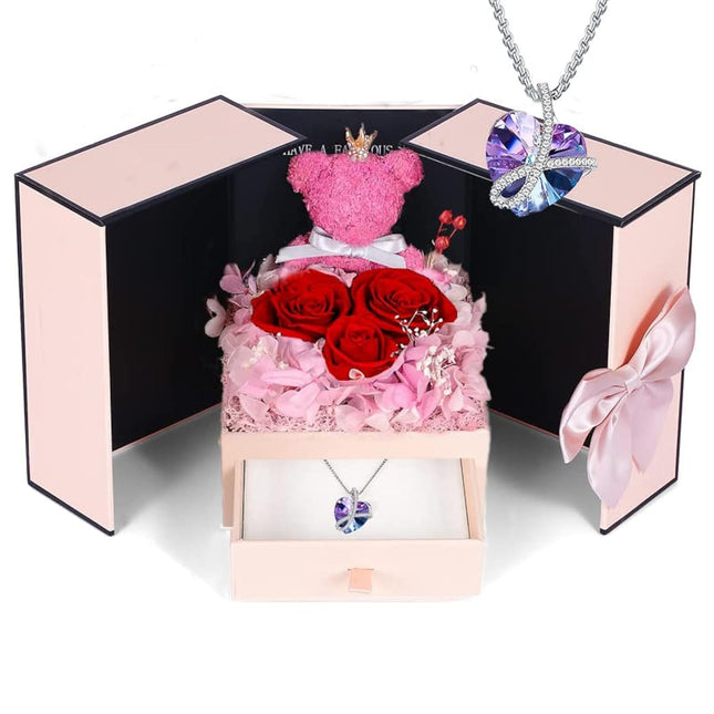 Preserved red rose moss bear gift box